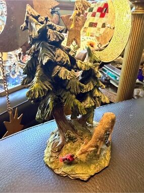 Vintage Christmas Deer & Cardinal Under Pine Tree Figurine